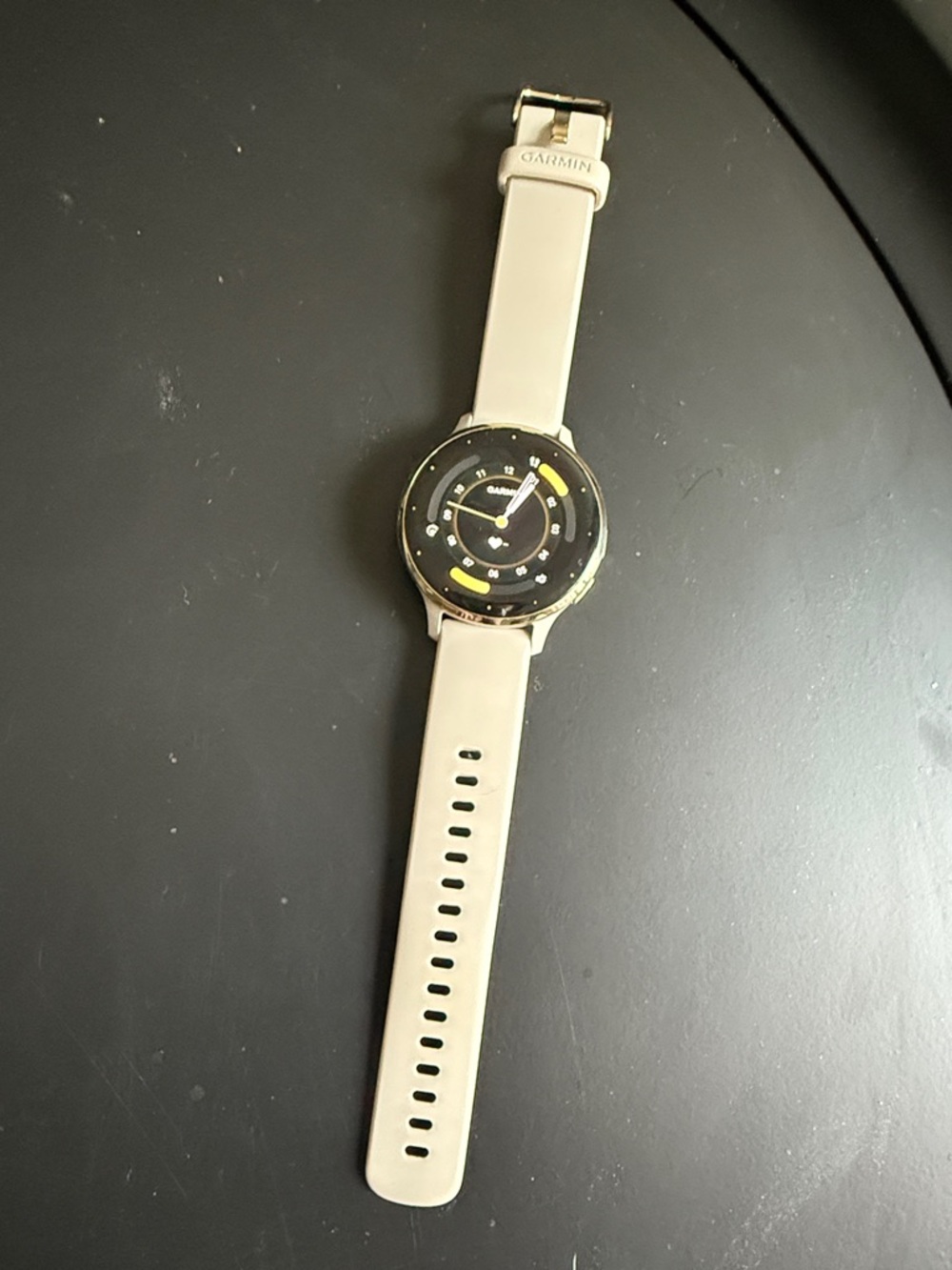 garmin White Silicone Smartwatch with Black Dial and Yellow Accents
